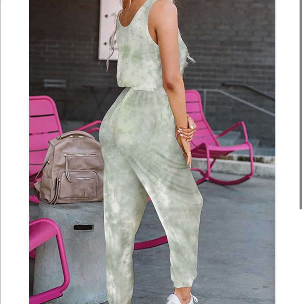 Green Tie Dye Drawstring Jumpsuit